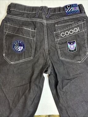 COOGI black denim long shorts, embroidered and patch pockets. New!
